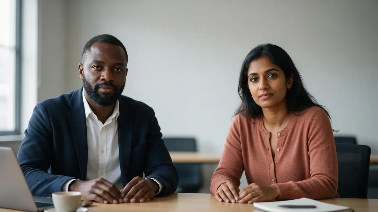 Two colleagues sit across a meeting table and look at you: Isabel Andrews, Customer Service Representative, and Thomas Parker, Senior Customer Service Representative.